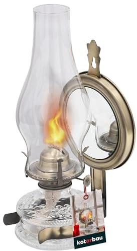 KOTARBAU® Lámpara de petróleo de cristal con espejo, lámpara de camping de latón antiguo, lámpara de aceite de petrólio, lámpara de queroseno, lámpara de aceite vintage, lámpara de camping, balcón,