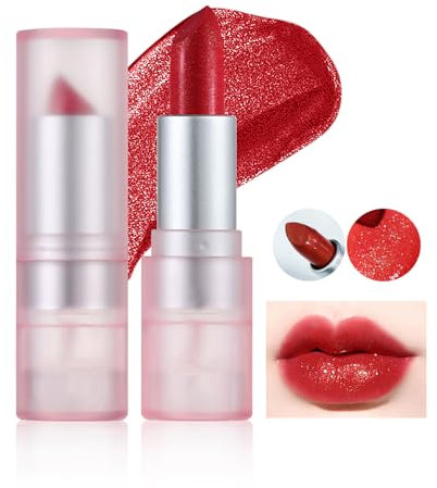 Prreal Glitter Lipstick, Diamond Metallic Lipstick, Pearlescent Matte Lipstick, Cream Sparkling Lip Gross Lipstick, Waterproof Not Stick Cup Lip Makeup for Women Christmas(05 Red)