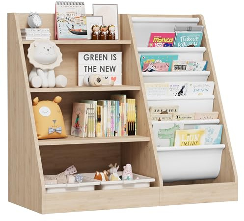 Hironpal Kids Bookshelf, 4 Tier Children Bookcase, Baby Storage Wooden Book Rack, for Playroom, Bedroom, Toddler Room, Nursery, Classroom (Burlywood)