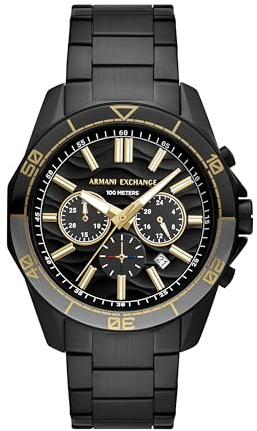 A|X Armani Exchange Dive-Inspired Sports Watch for Men with Stainless Steel or Silicone Band, Black/Gold Accents, Modern