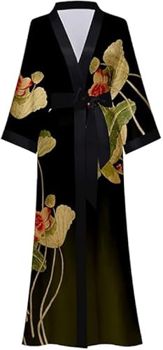 Top Sale Luxury Satin Kimono Robe for Women – Soft Silky Dressing Gown, Full Length Long Sleeve Bridal Robe, Lightweight Loungewear, Free Size Nightwear (Shadowed Olive)
