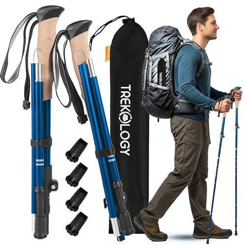 TREKOLOGY Trekking Poles – Lightweight, Adjustable Hiking Sticks for Men & Women – Durable Aluminum, Compact & Foldable with Comfortable Grip – Perfect for Hiking, Walking & Seniors, TREKZ XE (Blue)