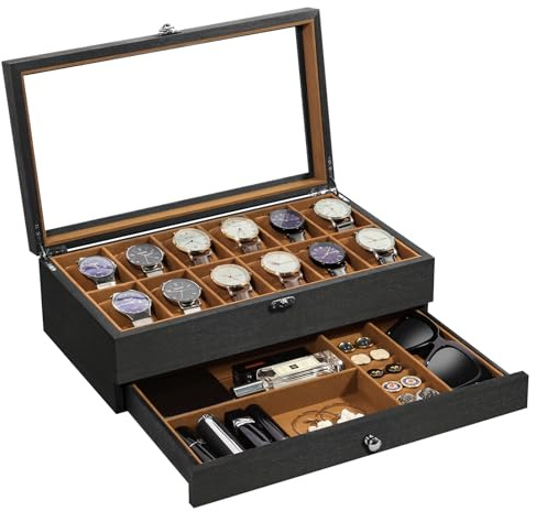 Uten Watch Box 12 Slots, 2-Tier Solid Wood Watch Case with Glass Lid, Metal Clasp, Watch Display Box for Men and Women, Removable Silk Cotton Pillow, Brown Lining, Jewelry Storage Box, Gift Idea