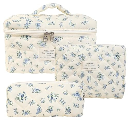 Set di 3 beauty case in cotone per organizzazione cosmetici viaggio, beauty case da viaggio, beauty case, beauty case da viaggio donna, Multicolore, Grande Medio Piccolo