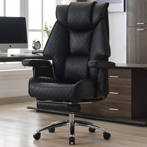 EXCEBET Fauteuil de Bureau Direction XXL 180kg, Chaise de Bureau Ergonomique avec Ressorts Ensachés, Siège Large pour S'asseoir en Tailleur, Inclinaison 135°, Cuir PU (Noir)