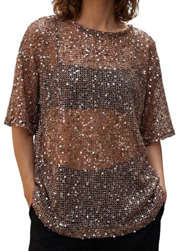 Womens Glitter Sequin Sheer Net Tops Y2K Elbow/Long Sleeve Casual T Shirts | Ladies Eyelet Sparkly Going Out Streetwear Summer Sequined Loose Lounge T-shirts Club Party Shiny See Through Glitter Blouses
