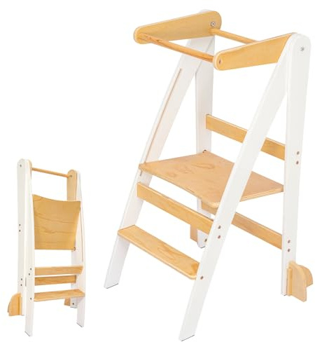 GREENSAPPIRE Wooden Learning Tower, Foldable Kids Step Stool White | with Anti-Tip Safety, Space-Saving Helper Tower for Kitchen & Bathroom Learning Activities