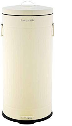 CHARLES BENTLEY Kitchen Bin, 30 Litre, Steel, Round, Retro Style, Kitchen Pedal Waste Bin, Cream, Contemporary, Aesthetic, Convenient, Side And Lid Handles, Inner Bucket, Easy Emptying (68.5x29cm)