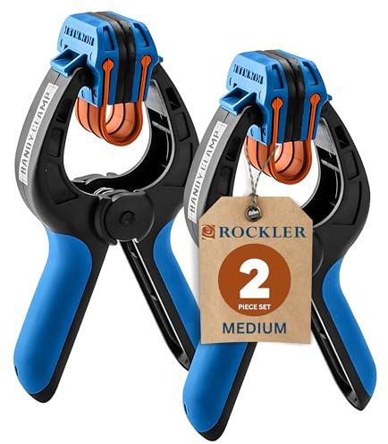 Rockler Medium Spring Clamps (Pair) – Easy Squeeze Bandy Clamps Woodworking for Thinner Stock, & Delicate Moldings – One-Handed Operation Medium Clamps – Easy to Grip Nylon Hand Clamps w/Fiberglass