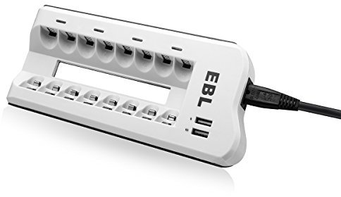 EBL 8 Ranuras Cargador Pilas Recargables para AA AAA NiMH con 2 Puertos USB
