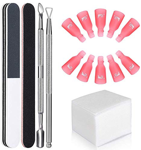 GeekerChip - Removedor de uñas, 10 unidades, 100 almohadillas de algodón, 1 cortacutículas, 1 curetta, 2 limas de uñas