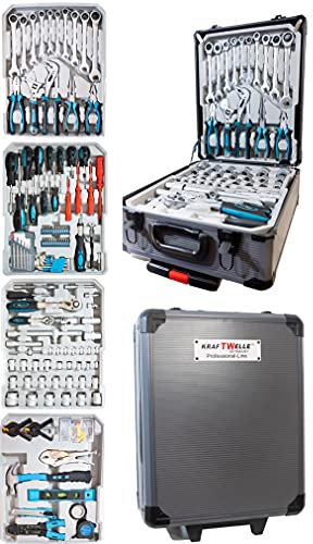 Kraftwelle Mallette / valise / coffret à outils, verrouillable, à roulettes, équipée de 188 outils, avec cliquet réversible et clé à cliquet à anneau, en aluminium