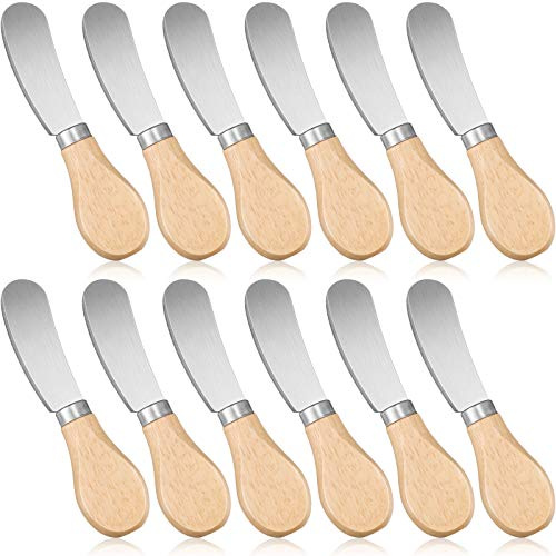 Patelai 12 Pcs 4.7 Inch Cheese Spreader Knives Butter Knife Bulk Stainless Steel Butter Spreader Knives with Wooden Handle, Cheese Cake Condiment Knife Set for Sandwich, Cream, Charcuterie, Pastry
