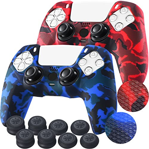YoRHa Studded Printing Silicone Rubber Customizing Skin Cover for PS5 Dualsense Controller x 2(Red+Blue) with Pro Thumb Grips x 10