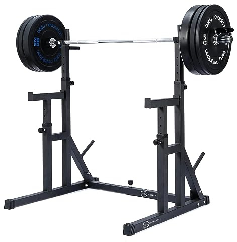 Body Revolution Heavy Duty Adjustable Squat Rack - With Weight Plate Storage, Dip Bars and Spotter Stands - Fitness Training Equipment for Men and Women