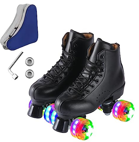 Ugboiu Zapatos de Patinaje para Mujeres y Hombres, Patines clásicos de Cuatro Ruedas de Doble Fila para Adultos, Fibra superfina, Rueda Flash (7 Mujeres/5 Hombres)