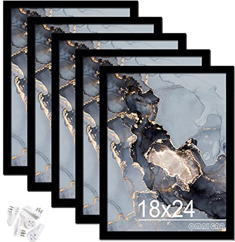 OMAIGAR 18x24 Picture Frame Set of 5, Black Photo Frames for 18 by 24 Poster Photo Canvas Certificate, High Transparent Acrylic Frame on Wall Desktop Horizontal Vertical 18 x 24