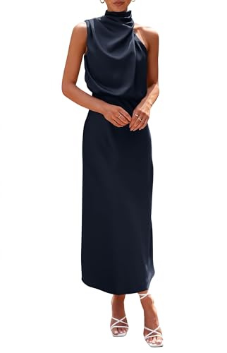 PRETTYGARDEN Women's 2025 Summer Satin Dress Elegant Sleeveless Mock Neck Cocktail Party Maxi Dresses (Dark Navy,X-Large)