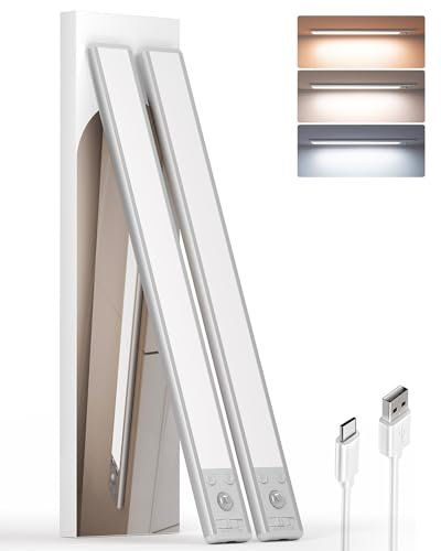 EZVALO Schrankbeleuchtung LED 37CM, 134 LED Schrankleuchte Kabellos mit Bewegungsmelder, 3200mAh Aufladbar 3 Farbmodi Dimmbar Schranklicht, Unterbauleuchte Küche für Schrank, Küche, Silber (2 Stück)