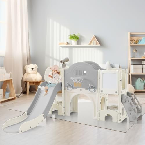 10 en 1 Toboggan pour Enfants Jouets d'escalade, Toboggan Multifonctionnel Toboggan, Toboggan autoportant, Escalade, Jeu de perçage, Espace de Rangement, Couloir de Jeu (Antique Grey White)