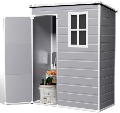 XEMQENER Plastic Garden Storage Shed with Floor, 4.6x2.6 FT Lockable Outdoor Storage Shed with Window, Waterproof Garden Sheds for Gardening Tools & Equipment, 140x81x193 cm, Grey