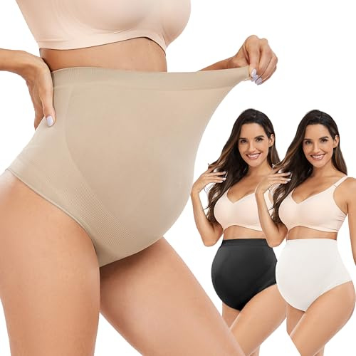 Hailycoco Shapewear premaman senza cuciture, perizoma premaman a vita alta biancheria intima mutandine per gravidanza con supporto per la pancia, Nero+bianco+nudo, Medium