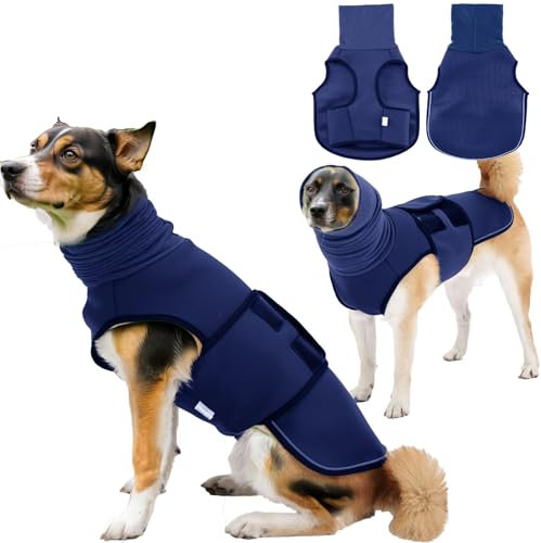 TOPSOSO Hunde-Angstjacke mit Kapuze Gute Elastizität Beruhigungsweste für Hunde Klettverschluss zur einfachen Einstellung und Reflektierenden Streifen Hundemantel für ängstliche Kleiner Hunde(Navy S)