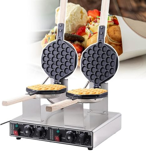 pealiritansemen Gaufrier À Bulles, Machine À Gaufres Commerciale pour Œufs Soufflés De 1400 W avec Poignées en Bois, Gaufrier À Œufs pour Petit-Déjeuner, Déjeuner, Pâtisserie Domestique,DoubleHead