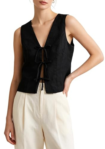 Amazhiyu Gilet de costume pour femme - Gilet en lin court sans manches - Gilet en lin - Gilet en lin - Col en V - Gilet d'été élégant avec laçage à l'avant