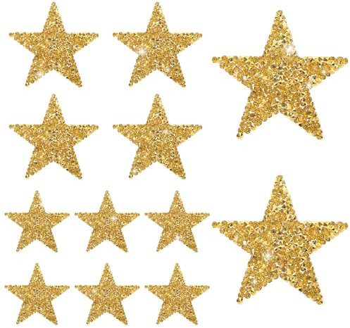 JJUNW 12 Stück Stern Aufbügelbilder Patches, Bügelbilder Stern Patches, Glitzer Strass Flicken zum AufbüGeln 8/6/4cm Strass Star Applikation Aufnäher für DIY Kleidung Hose Hut Schuh Rucksack(Gold)