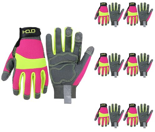 HANDLANDY Bulk 6 Pairs Anti Vibration Gloves Hi-vis Reflective Safety Work Gloves for Women, Touch Screen Breathable Flexible Grip Gloves (Hi-vis Pink, M)