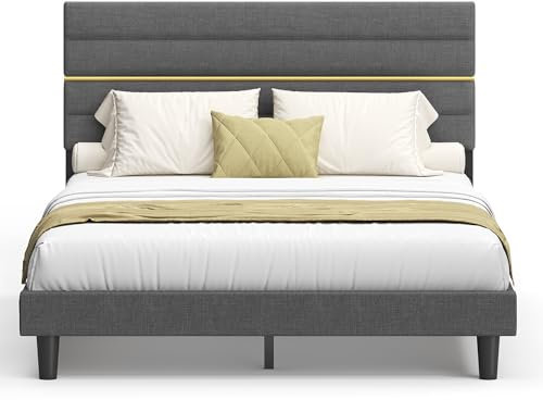 VASAGLE Polsterbett, Bettgestell, Doppelbettgestell, passend für 160 x 200 cm Matratze, verstellbares gepolstertes Kopfteil, Bettrahmen, Metall, Massivholz, modern, schiefergrau RMB505G01