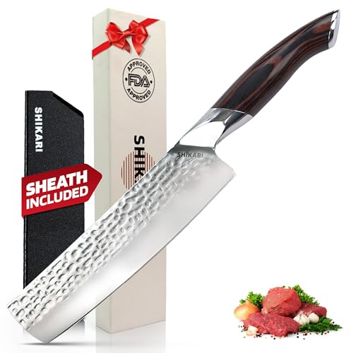 SHIKARI Nakiri Knife – Japanese Cleaver with 3-Layer Damascus VG10 Blade – 7 Inch Vegetable Knife Full Tang – Ergonomic Pakkawood Handle – Nakiri Knives Japanese Style
