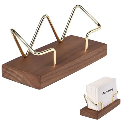 Lot de 1 porte-cartes de visite avec base en bois - Support en métal pour réception de bureau - Noyer avec cadre doré