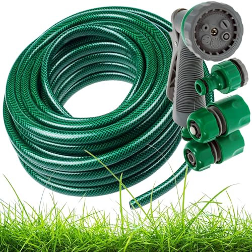 Green 30M (98ft) Garden PVC Hose Pipe & Spray Attachment Reinforced Tough Outdoor Water Hosepipe Perfect for Watering Garden & Plants