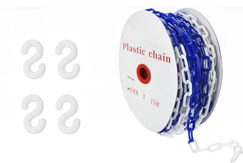 15 m avstängningskedja, blå, vit, plast, 6 mm avstängningskedja, varningskedja, avstängning, plastkedja med 4 S-krokar, säkerhetsvarningskedja av plast för byggarbetsplats, parkering och ordervård