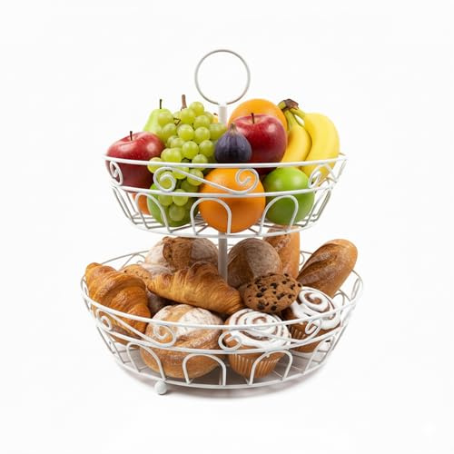 Relaxdays Fruit Etagere, 2 tiers, metal, HxD: 30 x 31 cm, fruit & veg, with handle, round bowl, white