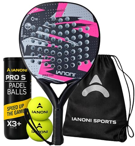 ianoni PR8100 Padel Racket Starter Set – Includes Carry Bag & 3 Pro S Padel Balls – Lightweight Control & Power Racket for Beginner & Intermediate Players-8100 Fluorescent Pink