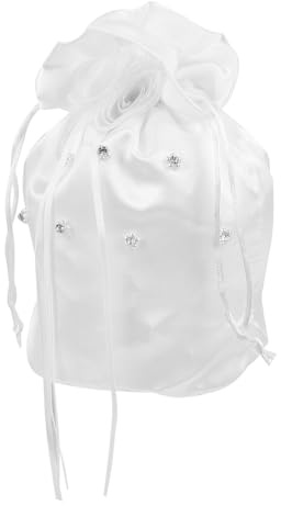 OSALADI Borsa da Sposa in Raso Bianca Strass e Fiori, Sacchetto Portaconfetti Coulisse, Borsetta da Damigella D’onore per Cerimonia Nuziale