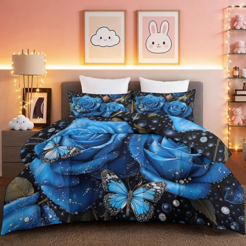 Edredón de Plumón 4 Estaciones 135 x 200 cm Azul, Relleno Nórdico Transpirable 3D Elegante Flores Mariposa, Edredón Cálido y Suave con 2 Fundas de Almohada