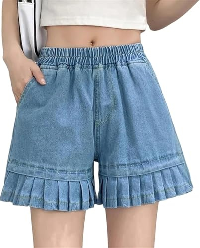Lösa Jeansshorts för Kvinnor Sommar Elastic Midja Vidbyx Korta Denimshorts, Himmelblåa, S