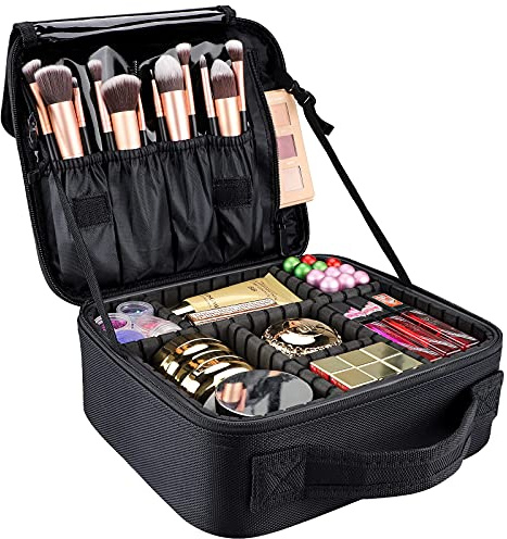 gzcz Travel Makeup Bag,Portable Makeup Case for Women,Professional Cosmetic Train Case Organizer Artist Storage Bag With Adjustable Dividers Brushes Toiletry Jewelry Digital Accessories