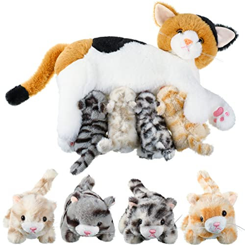 Skylety Pflegendes Katze Stofftier Mit Plüsch Kätzchen Kuscheltier Plushie Kätzchen Mama Katze Plueschtier mit 4 Baby Kuschelkatze für Geburtstag Spielzeug(Schöner Stil)