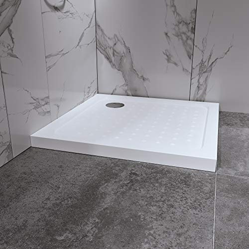 MOG Plato de Ducha 100x100 cm - Plato de ducha plano de acrílico sanitario resistente con tacos antideslizantes incl. juego de desagüe con sifón - Blanco