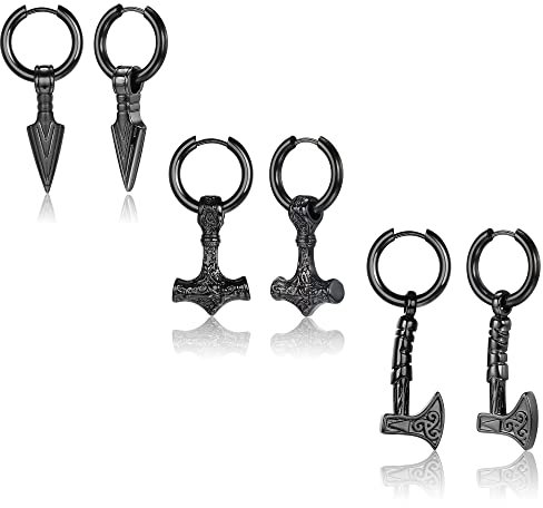 MILACOLATO 3 Paar Ohrringe Männer Wikinger Ohrringe Für Herren Dangly Norse Thors Hammer Axt Edelstahl Huggie Kleine Creolen Männer Gothic Wikinger Schmuck Schwarz