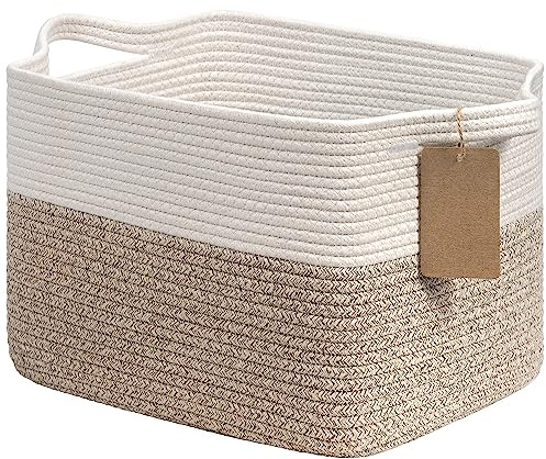 Goodpick Woven Storage Basket, Cotton Rope Basket for Dog Toys, Books, Stylish Gift Basket with Handles, 13 x 10 x 9 Inches Square Baskets for Organizing, Brown and White