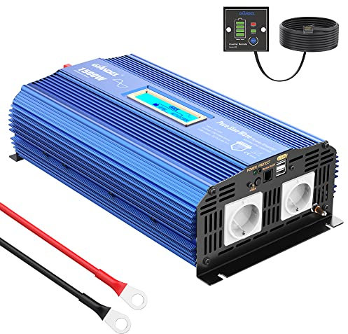 GIANDEL 1500W Inversor de Corriente Onda Sinusoidal Pura Convertidor 12v a 220v 230v con Pantalla LCD & Mando a Distancia & 2 Puertos USB para Coche camión Caravana