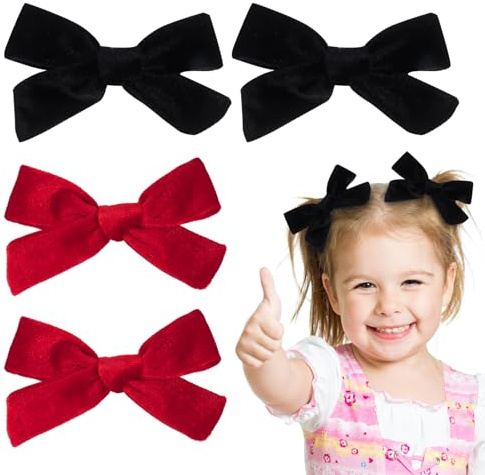 4Pcs Velvet Hair Bows for Girls, 3.8 Inch Bow Hair Clips Toddler Hair Bows Hair Accessories for Toddler Girls Baby Girls(Black, Red)