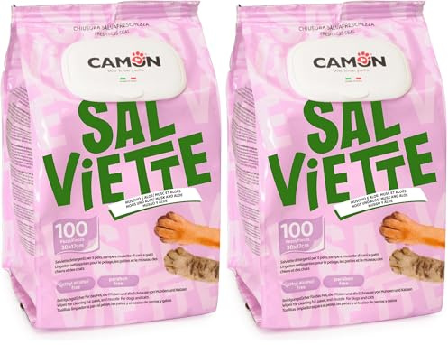 Camon Salviette Detergenti Per La Pulizia Del Pelo Fragranza Muschio E Aloe - 30x17 centimetres - Pezzi 100 Per Cani E Gatti, 1 pezzo (Confezione da 2)