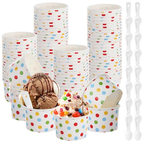 LOPYXBR 100PCS Paper Ice Cream Bowls 7oz/200ml Ice Cream Tubs with Spoon, Christmas Pudding Bowls Paper Dessert Cups, Party Bowl for Soup, Yogurt, Snack (Colorful Pots)